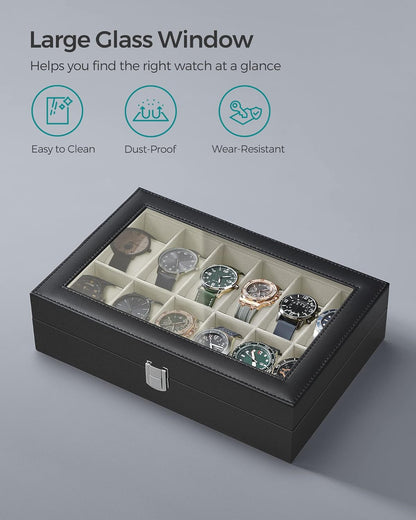 SONGMICS Watch Box, 6-Slot Watch Case, Watch Box Organizer, Black Synthetic Leather, Greenish Gray Lining UJWB06BK
