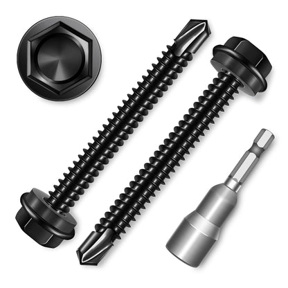 EASTPUK 100Pcs #8 x 1/2" Sheet Metal Screws, 410 Stainless Steel Self Drilling Hex Washer Head Self Tapping Screws for Metal with Drill Bit