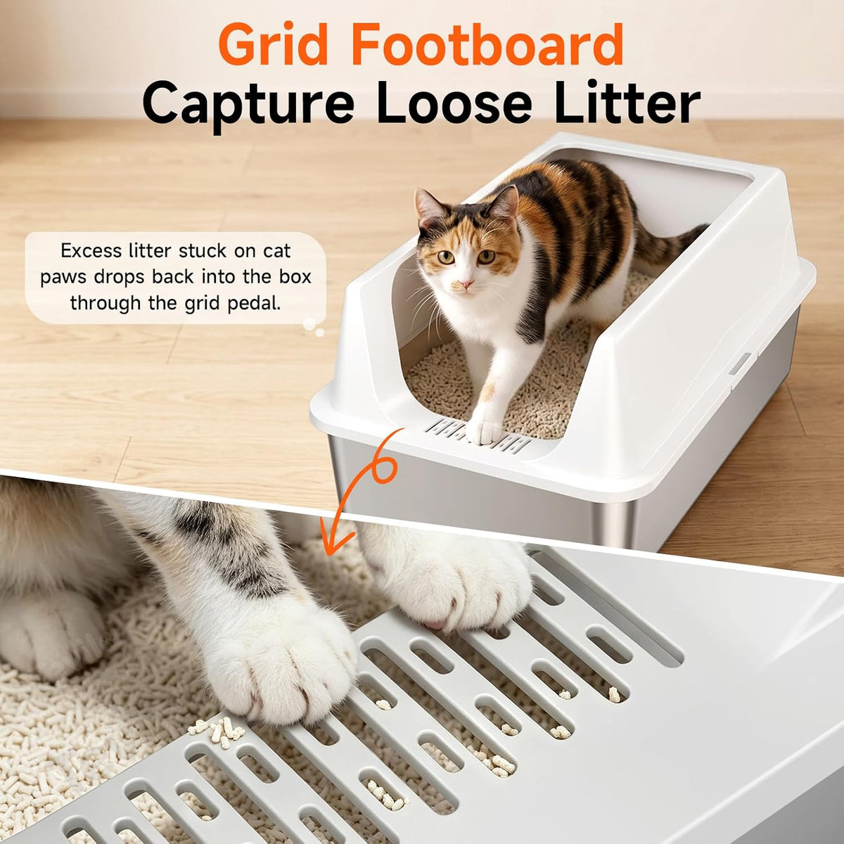 2 Pack XL Stainless Steel Litter Box with High Sides Shield for Multi Cat, Extra Large Tall Wall Open Top Deep Metal Pan for Big Cats, Anti-Leak Non-Stick Odor Control, 2 Scoops Included, Gray