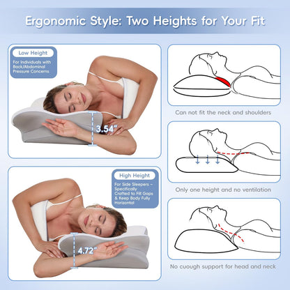 Cervical Neck Pillow,Memory Foam Pillows for Relieving Neck and Shoulder Pain, Neck Support Pillow for Side Sleepers, 2 Heights Ergonomic Pillow with Breathable Ice Silk Cover White