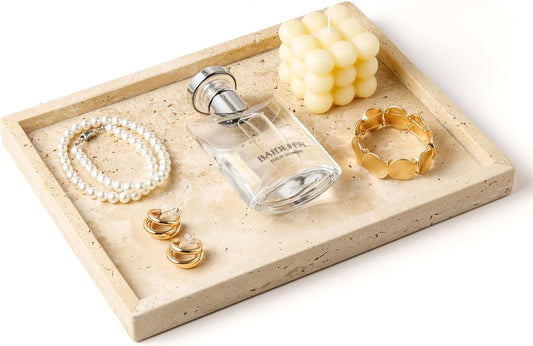 WORHE Vanity Tray Italy Travertine Stone for Jewelry, Perfume, Makeup, Candle Large Natural Marble Decorative Trays for Bathroom Dresser Rectangle Kitchen Storage Organizer for Home Decor Beige(WH021)