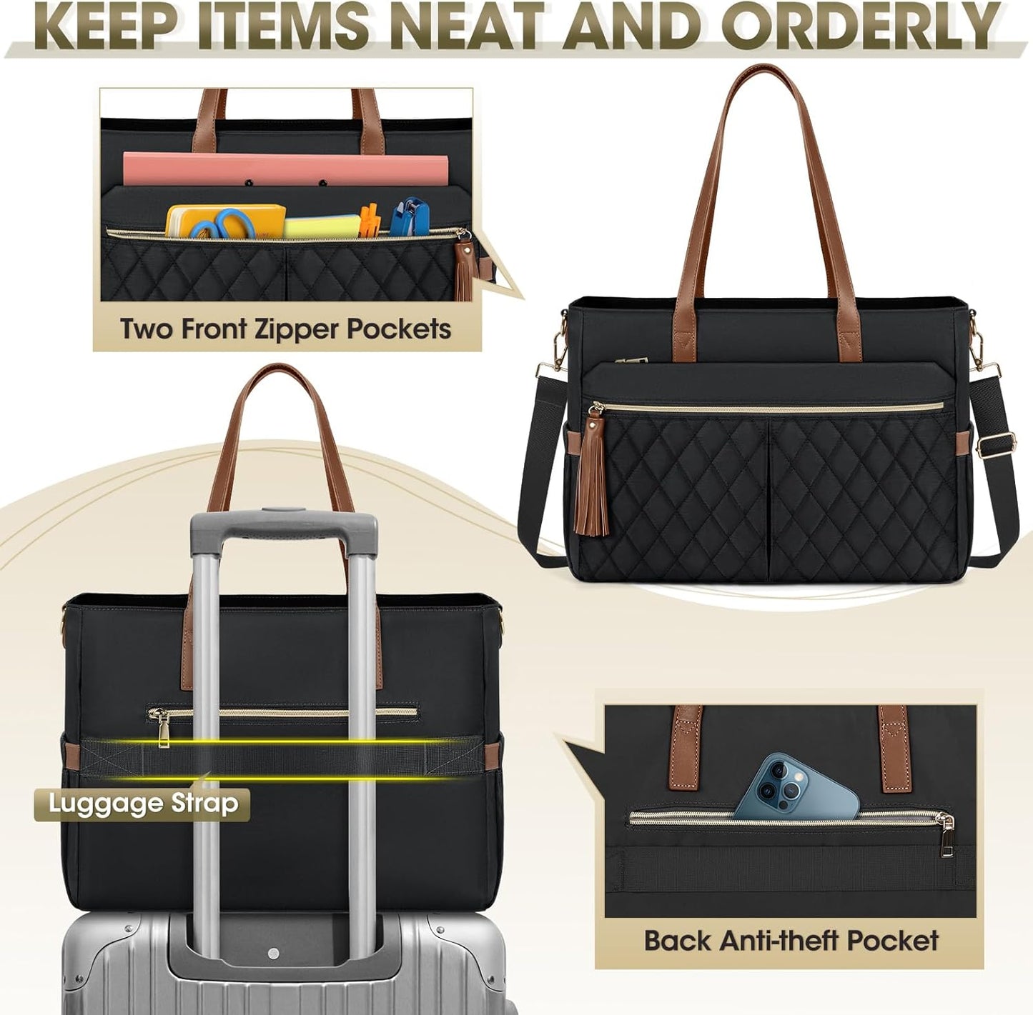 RAINSMORE Laptop Bag For Women 15.6 Inch Work Teacher Tote Bag Waterproof Nurse Bag Large Handbag Shoulder Travel Computer Messenger Bag Briefcase,Black - PuriLite