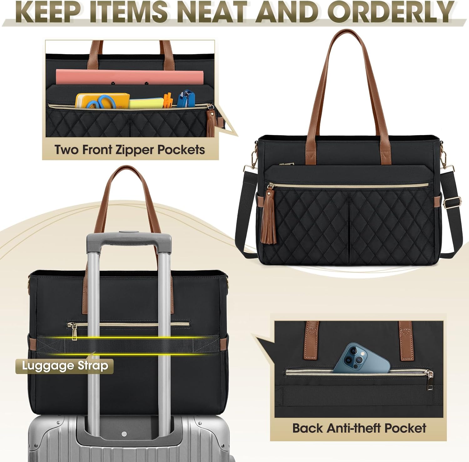 RAINSMORE Laptop Bag For Women 15.6 Inch Work Teacher Tote Bag Waterproof Nurse Bag Large Handbag Shoulder Travel Computer Messenger Bag Briefcase,Black - PuriLite