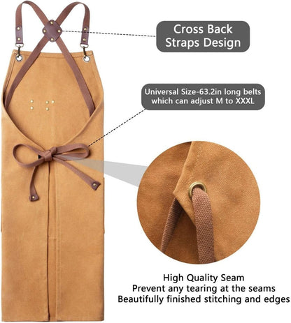 CONTAIL Chef Apron for Men Women,Canvas Aprons with Pockets-Cross Back Kitchen Apron for Cooking Grilling Baking BBQ Barber
