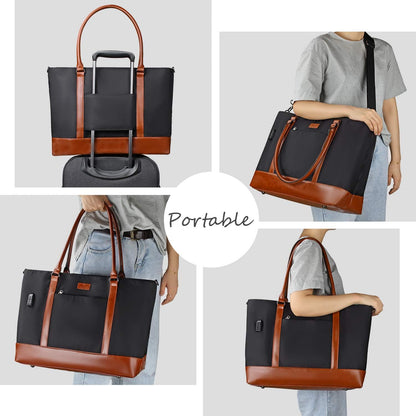 Laptop Bag for Women 17.3 Inch Laptop Tote Bag Large Work Tote Bag Waterproof Work Bag Teacher Bag with USB Charging Port Computer Tote Bag Nylon Handbag Satchel Shoulder Bag(17.3 inch, Black) - PuriLite