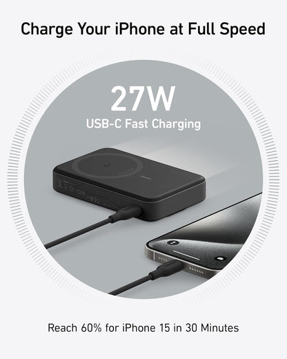 Anker MagGo Power Bank, Qi2 Certified 15W Ultra-Fast MagSafe-Compatible Portable Charger, 10,000mAh Battery Pack with Smart Display and Foldable Stand, for iPhone 15/14/13/12 (USB-C Cable Included)