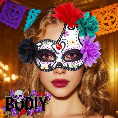 BODIY Halloween Masquerade Mask Flower Skull Day of the Dead Eyemask for Women Men Costume Masks Mardi Gras Half Mask