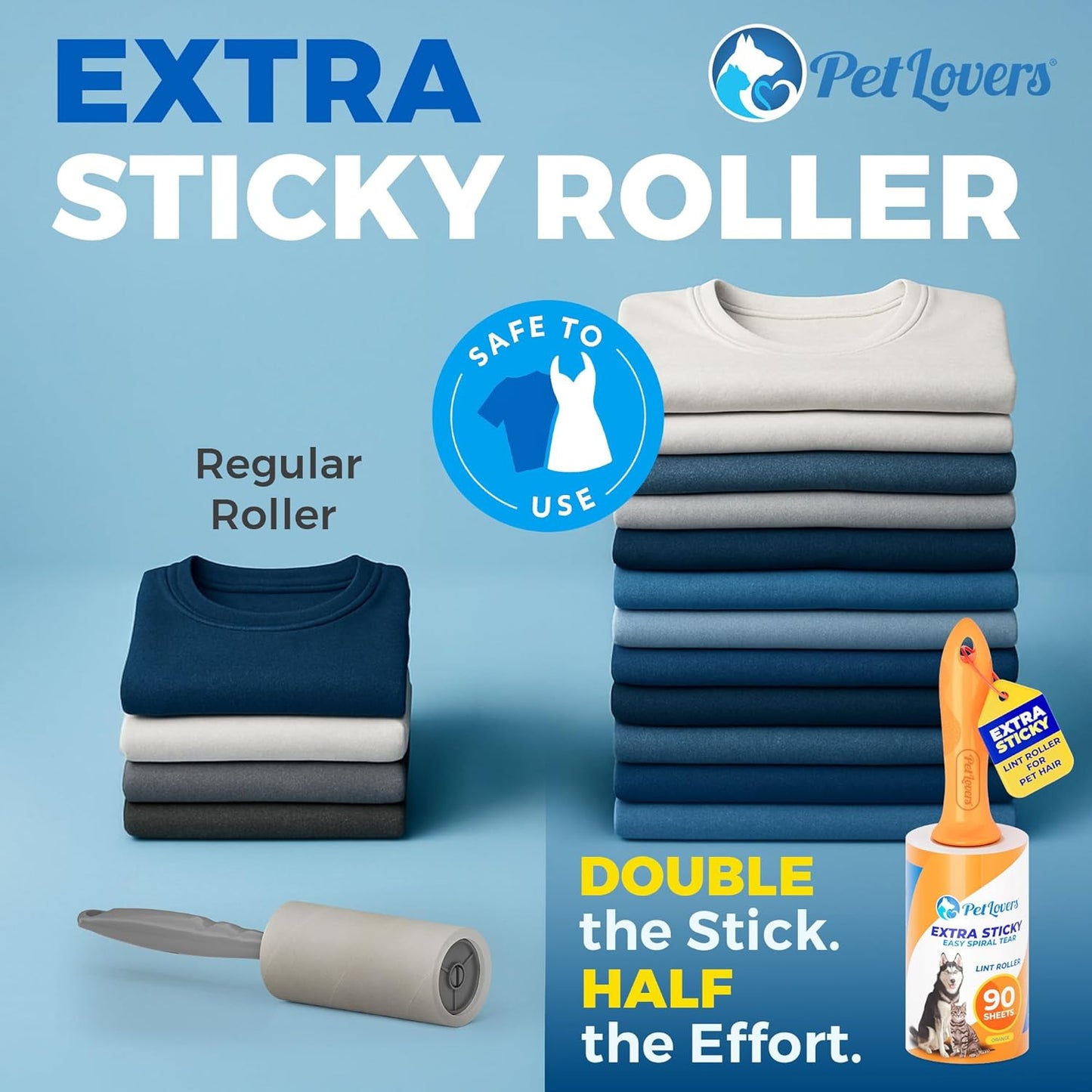 PetLovers Extra Sticky Lint Roller Mega Value Set for Pet Hair Removal, Dog and Cat Lint Remover (1 Pack Reusable)