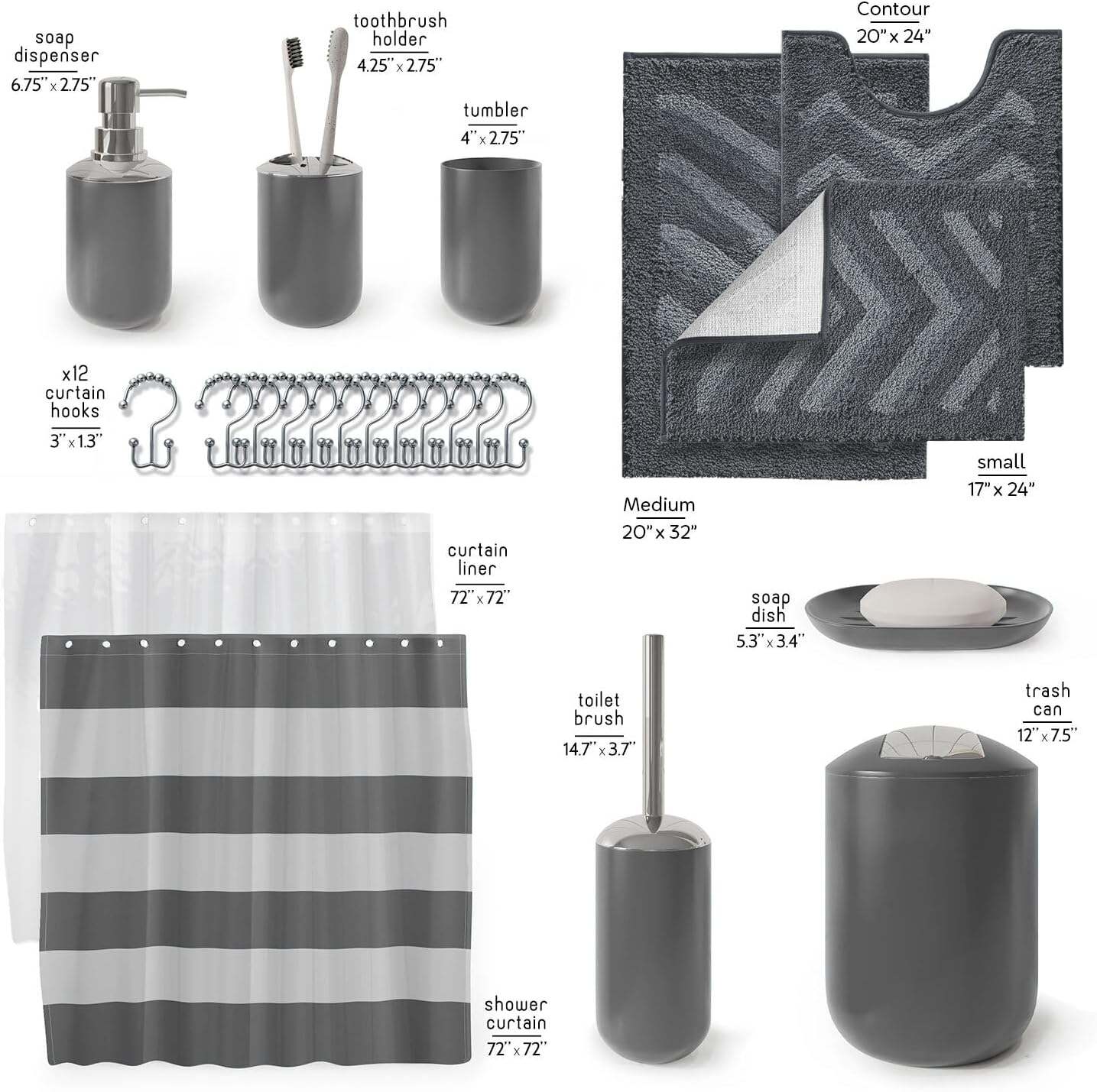Clara Clark Bathroom Set - Gray Bathroom Accessories Set, Bathroom Sets with Shower Curtain and Rugs, 23PC Shower Curtain Set with Liner, Soap Dispenser, Soap Dish, Toilet Brush Holder, and Trash Can