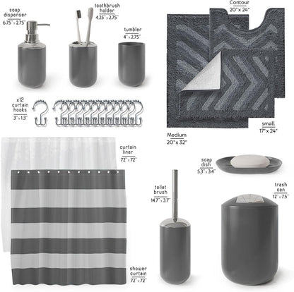 Clara Clark Bathroom Set - Gray Bathroom Accessories Set, Bathroom Sets with Shower Curtain and Rugs, 23PC Shower Curtain Set with Liner, Soap Dispenser, Soap Dish, Toilet Brush Holder, and Trash Can