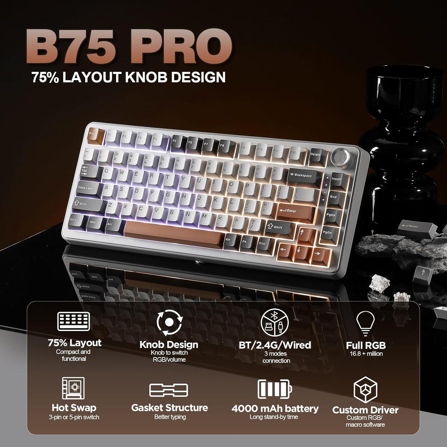 YUNZII B75 PRO Wireless Mechanical Keyboard – 75% Compact Layout with Knob, Hot-Swappable Creamy Switches, RGB Backlit, Tri-Mode Bluetooth/2.4G/Type-C for Windows & Mac – Grey - PuriLite