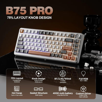 YUNZII B75 PRO Wireless Mechanical Keyboard – 75% Compact Layout with Knob, Hot-Swappable Creamy Switches, RGB Backlit, Tri-Mode Bluetooth/2.4G/Type-C for Windows & Mac – Grey - PuriLite