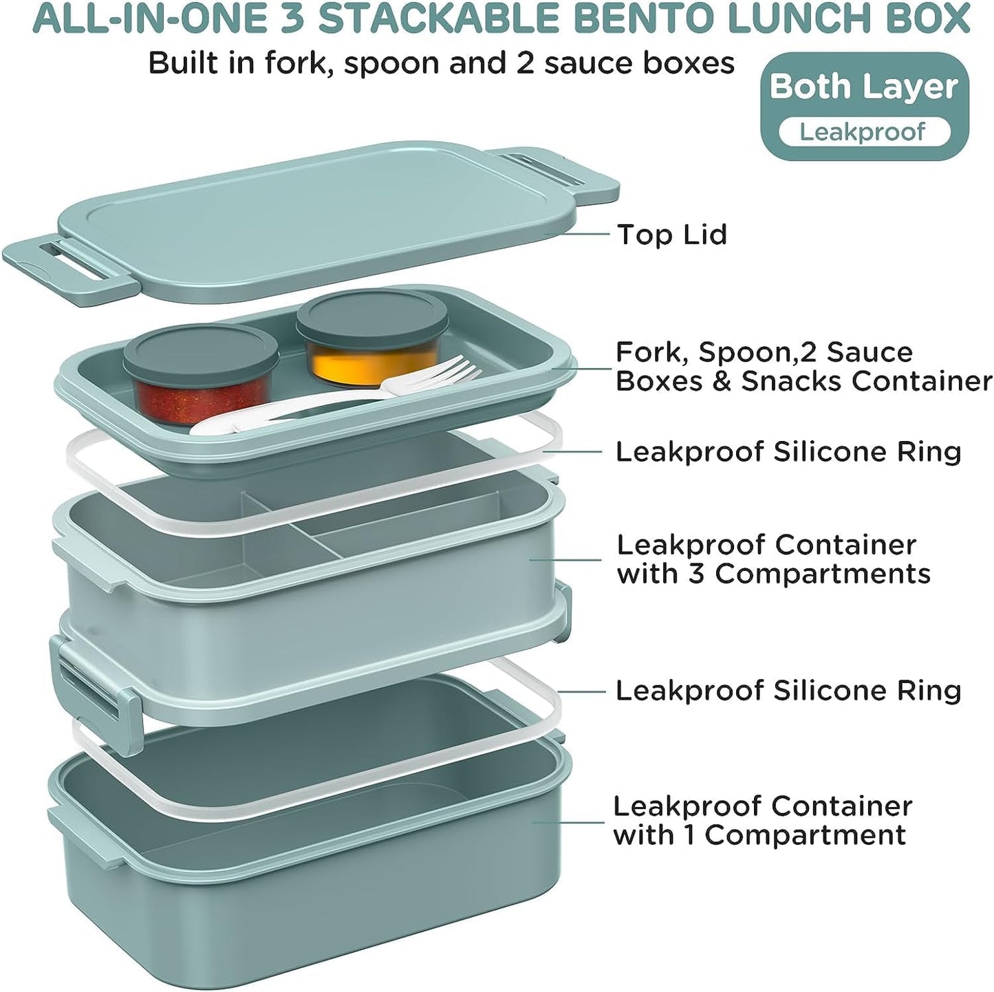 JSCARES Lunch Box Adults Bento Box - All-in-One Stackable 74 OZ Lunch Box Containers for Adult Large Bento Box with Fork Spoon Sauce Boxes, Leakproof Lunchbox for Work School Dining Out (Green)