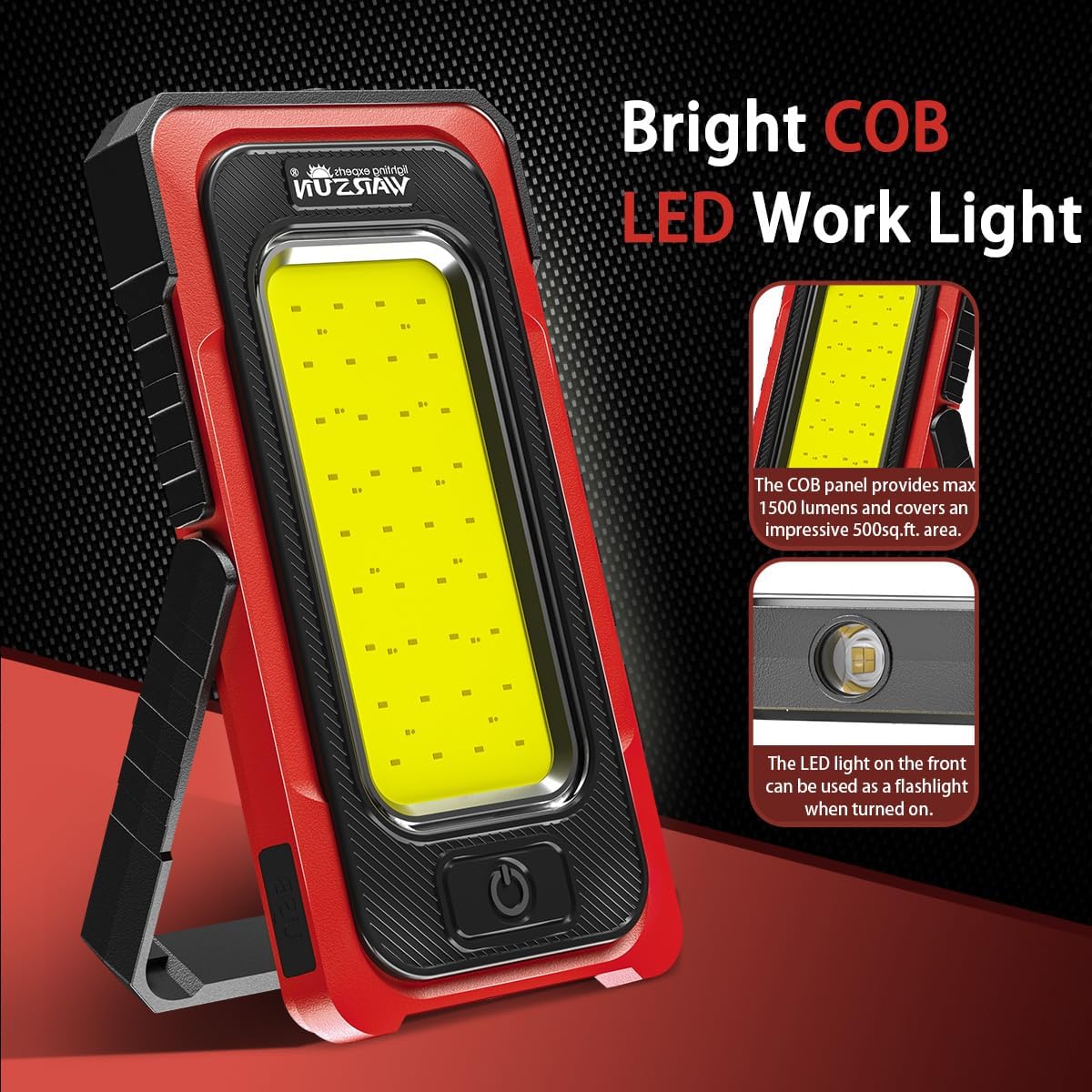 WARSUN Portable Rechargeable Magnetic Work Light, LED Flood Light Waterproof for Outdoor Camping Hiking Emergency Car Repairing (USB + Solar Charging, Yellow)