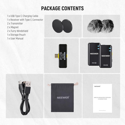 NEEWER CM28 Wireless Lavalier Microphone System with Charging Case, 1 Click Noise Canceling, 4GB Storage for 9Hrs of 48KHz 16 Bit Uncompressed Audio Lapel Mic Compatible with iPhone/Android/PC/Camera