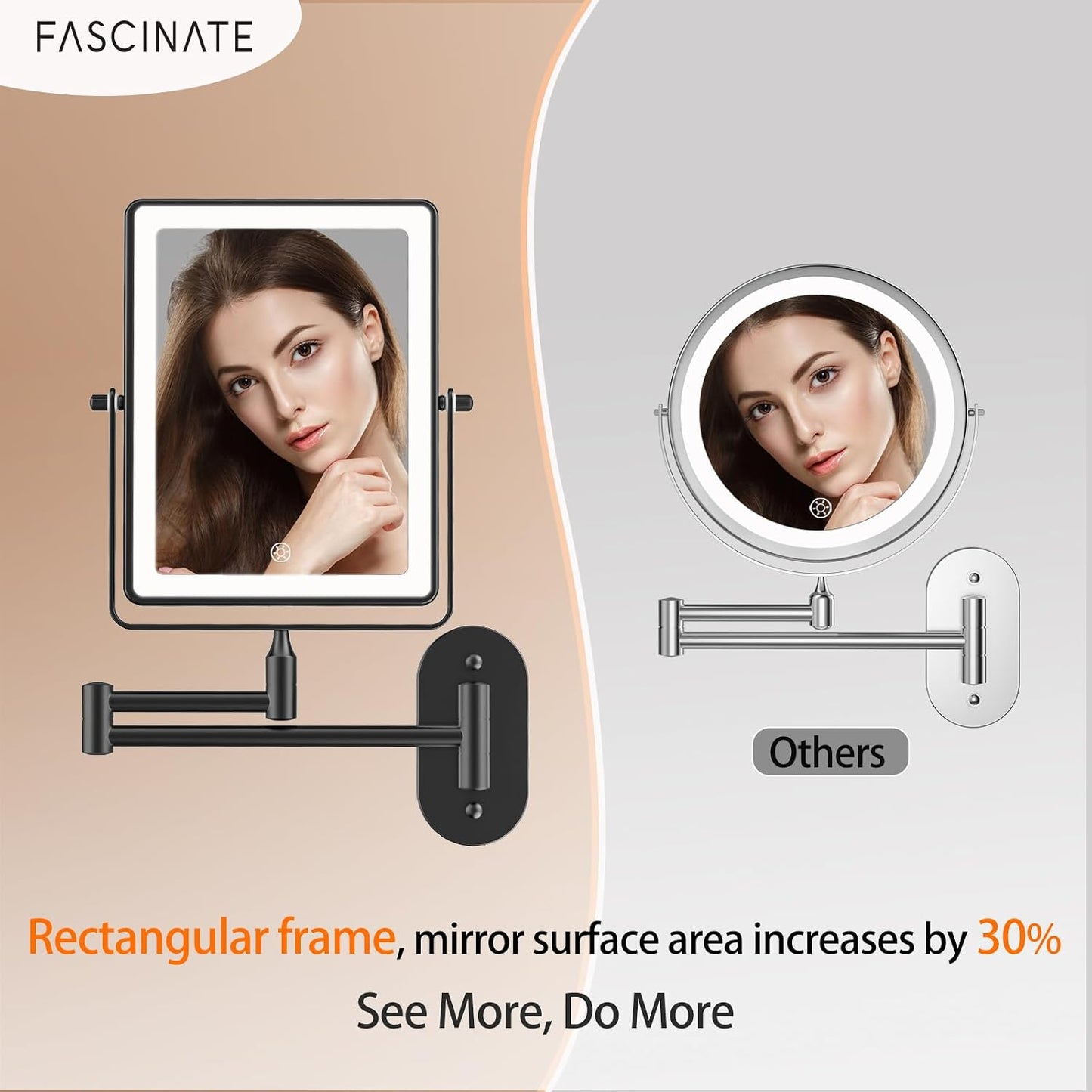 FASCINATE Rechargeable Wall Mounted Makeup Mirror, 8.7" Double Sided Touch Switch 1X 30X Rectangle Magnifying Mirror with Light, 3 Color Setting, Extended Arm 360° Swivel Foldable Black
