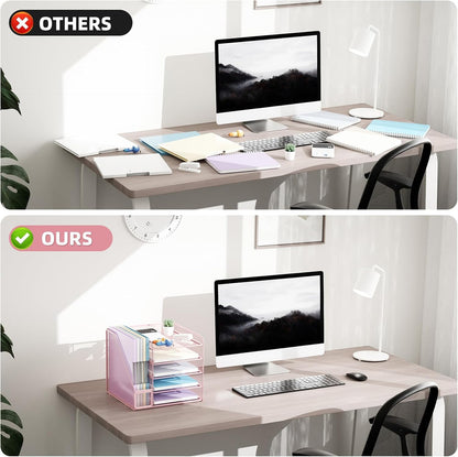 Marbrasse Desk Organizers and Accessories, 5-Tier Paper Letter Tray Organizer with File Holder, Mesh File Organizer for Desk, Office Desk Accessories & Organization for Supplies (Pink)