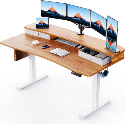 HUANUO 60″ x 30″ Electric Standing Desk with 2 Drawers, C-Clamp Mount Compatible, Height Adjustable Computer Desk, Home Office Stand Up Desk with 4 Preset Heights & 2 Hooks, Vintage Brown
