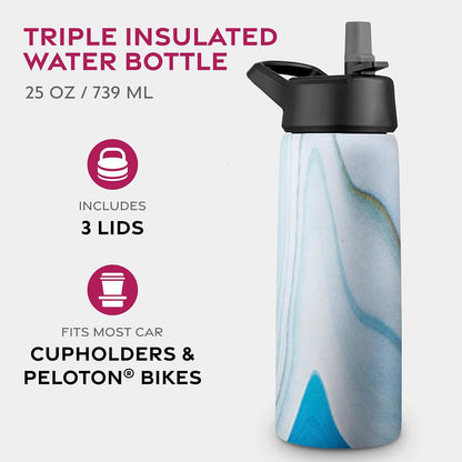 FineDine Water Bottle - Stainless Steel Insulated Water Bottle with Straw Lid, Flip Lid & Wide-Mouth Cap - Keeps Hot and Cold - 25 Oz / 739ml - Pure Pearly White
