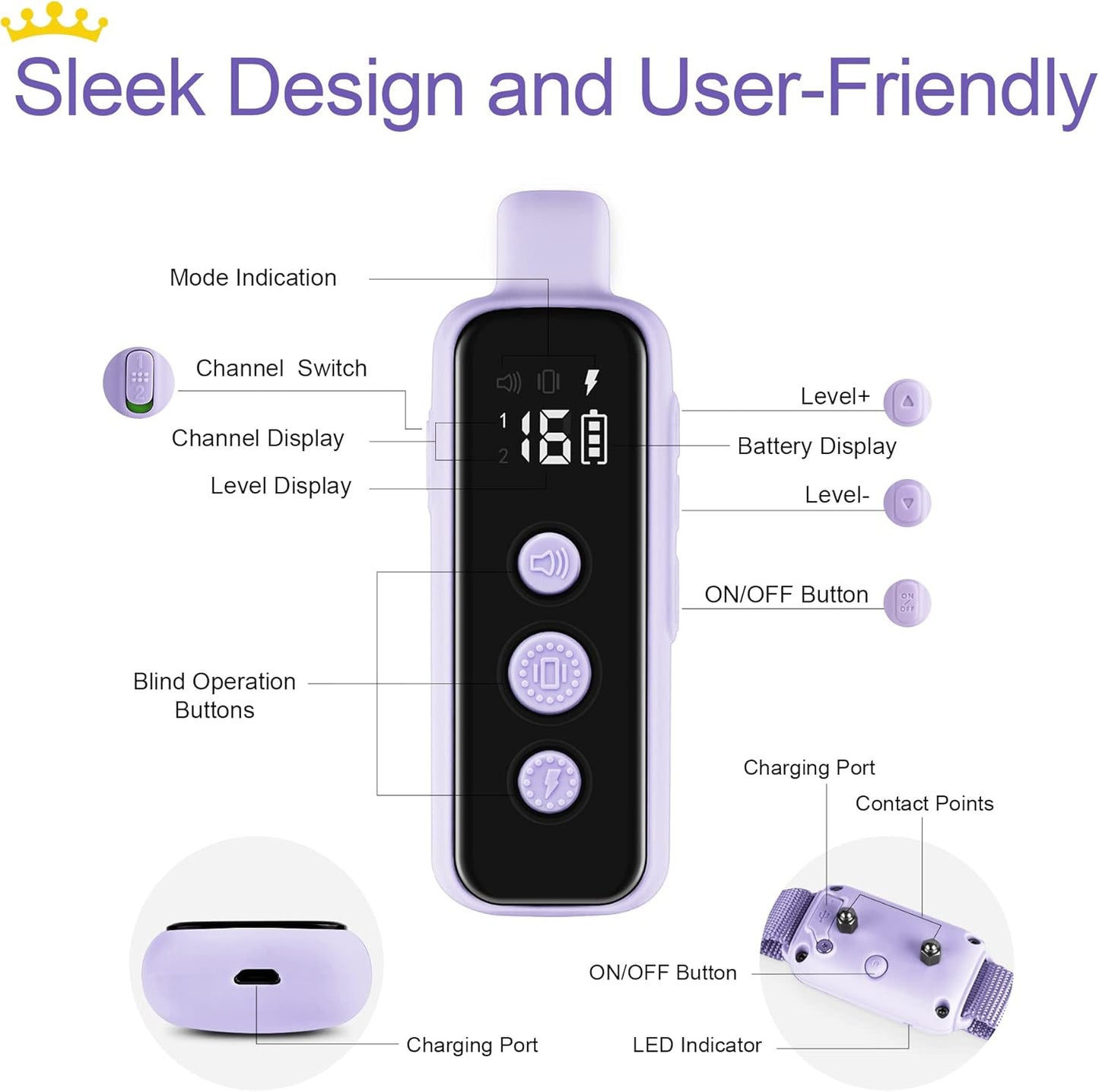 Bousnic Shock Collar for Dogs - Waterproof Rechargeable Dog Electric Training Collar with Remote for Small Medium Large Dogs with Beep, Vibration, Safe Shock Modes (8-120 Lbs) (Purple)