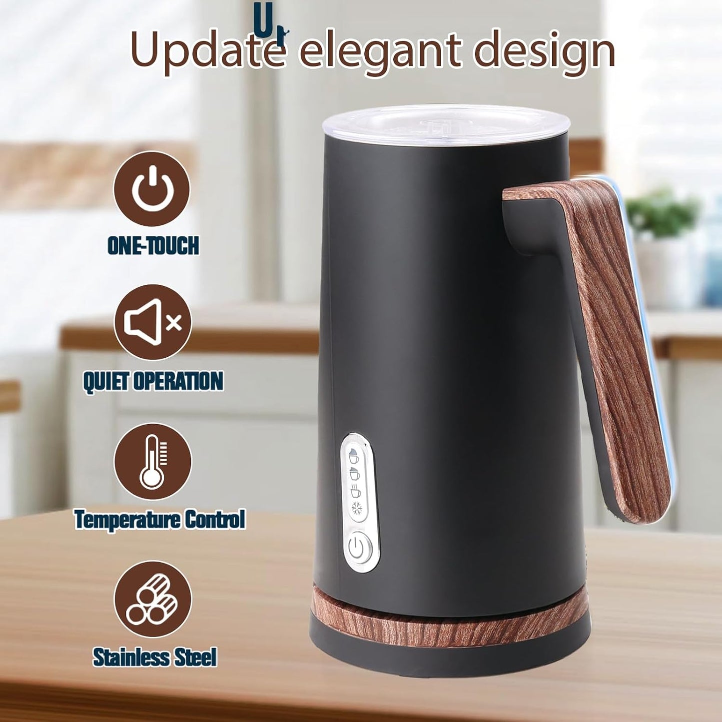 Electric Milk Frother and Steamer, 4-in-1 Milk Steamer with Wood Elements Design, Automatic Hot & Cold Foam Maker for Latte, Cappuccinos, Macchiato, Milk Warmer (Black)