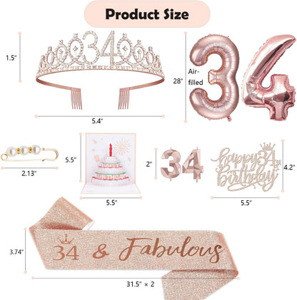 8pcs 40th Birthday Decorations gifts for Women, Including 40th Happy Birthday Cake Topper, Queen Sash with Pearl Pin, Sweet Rhinestone Tiara Crown for Women, Number Candles and Balloons (Rose Gold)