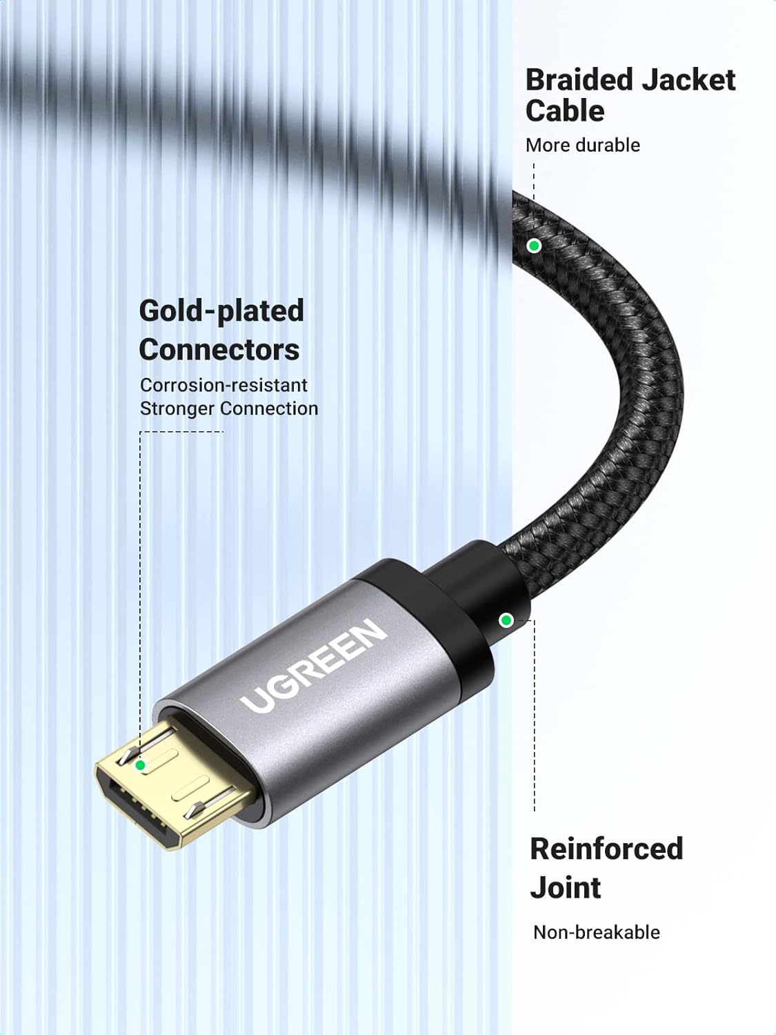 UGREEN USB to Micro 2.0 Cable Nylon Braided Fast Quick Charger Android Charging Cord for Galaxy S7 S6 S5 Edge A10, J3 Prime, Redmi Note 5 Pro, PS4, Xbox One Controller, Black, 3ft