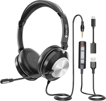 Voistek Computer HeadphonesWired USB C/3.5MM/USB Headset; with Noise Cancelling Microphone & Volume Controls Compatible with PC,Laptop,Mac,iPad,Home,Office,Meeting,Skype,Zoom(882F)