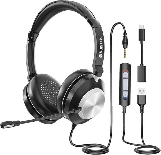 Voistek Computer HeadphonesWired USB C/3.5MM/USB Headset; with Noise Cancelling Microphone & Volume Controls Compatible with PC,Laptop,Mac,iPad,Home,Office,Meeting,Skype,Zoom(882F)