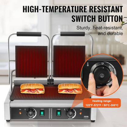 VEVOR 7 IN 1 Electric Contact Grill,1800W Indoor Panini Press Griddle,Stainless Steel Teppanyaki Grill with Nonstick&Removable Iron Plate, 0-446℉ Adjustable Temp Control,LCD Display,110V