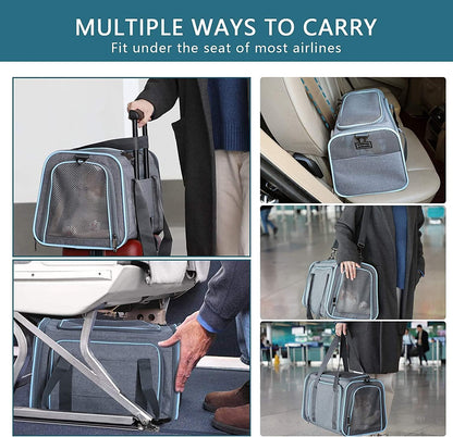 Petsfit Expandable Cat Dog Carrier Airline Approved, 17" L x 11" W x 11" H Soft-Sided Portable Pet Travel Carrier for Kitten, Puppy, Removable Soft Plush Mat and Pockets, Auto-Locking Zippers