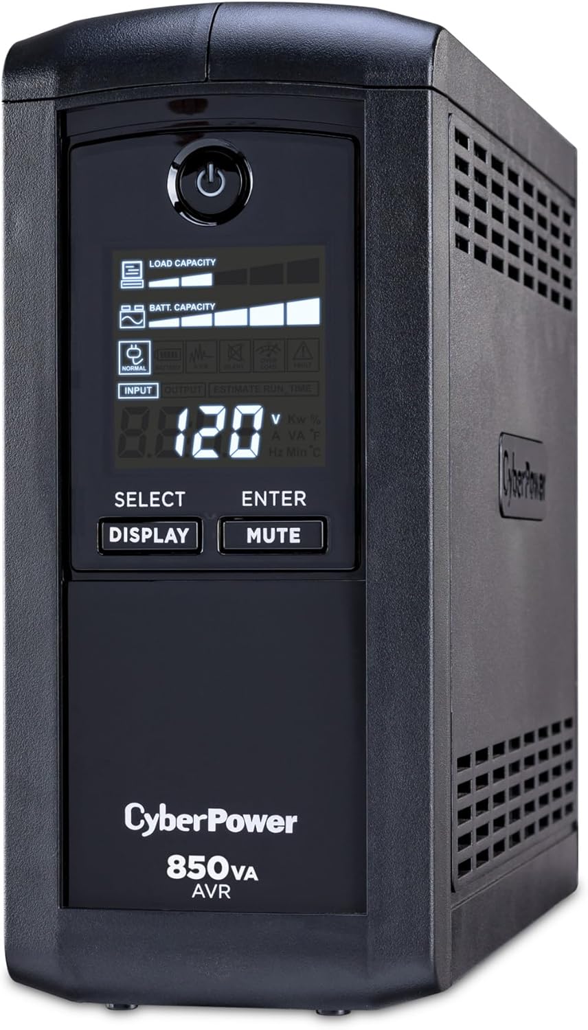 CyberPower CP1500AVRLCD3 Intelligent LCD UPS System, 1500VA/900W, 12 Outlets, 2 USB Ports, AVR, Mini Tower, Black