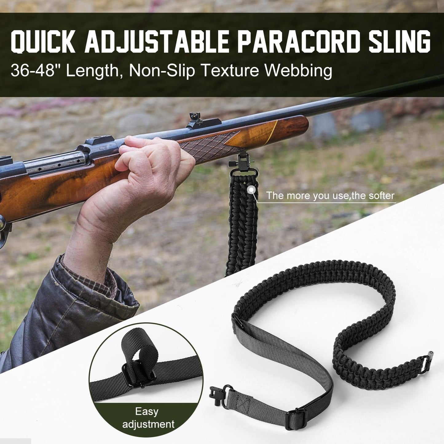 VVAAGG Two-Point Sling with Swivel, Non-Slip Paracord Sling with Adjustable Length Strap