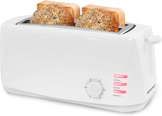Maxi-Matic ECT-4829 Grille-pain long Cool Touch 4 tranches avec fentes extra larges de 3,2 cm pour bagels, gaufres et pains sp�ciaux, CANCEL, r�chauffer, d�congeler 6 r�glages d'ombre, blanc