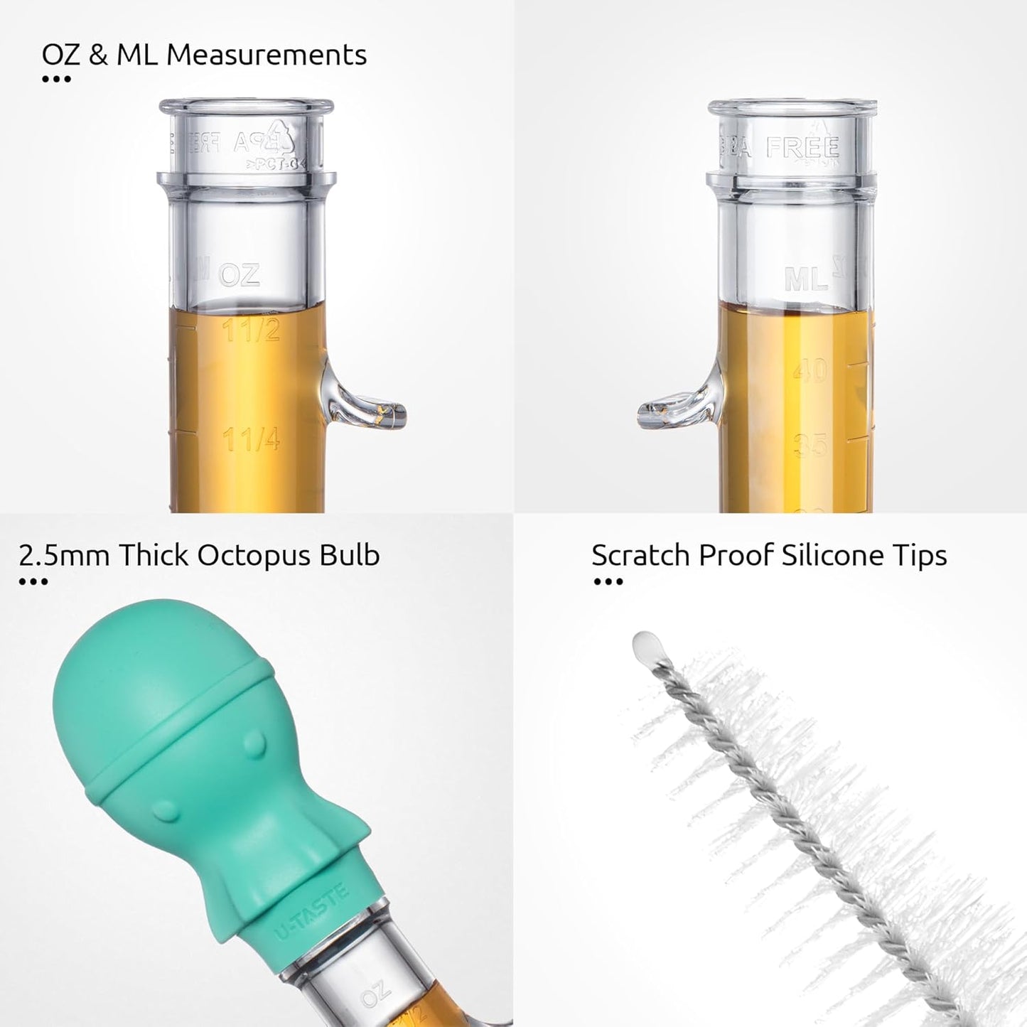 U-Taste 1.5oz Angled Turkey Baster - 228.2ºF Heat Resistant Food Grade Silicone Large Octopus Bulb Baster Set with Cleaning Brush for Cooking Basting Meat Poultry Beef Chicken (Black)