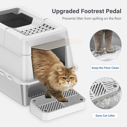 Stainless Steel Litter Box with Lid, XL Extra Large Enclosed Cat Litter Box for Big Cats 110° Flip Cover, Top Entry Metal High Sided Litter Box & Pedal & Scoop, Anti-Leakage (Grey)