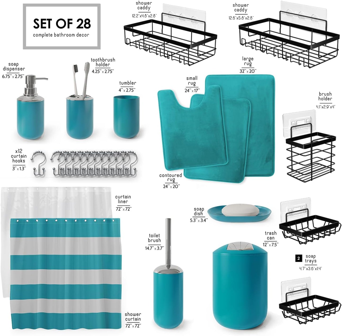 Clara Clark Bathroom Set - Gray Bathroom Accessories Set, Bathroom Sets with Shower Curtain and Rugs, 23PC Shower Curtain Set with Liner, Soap Dispenser, Soap Dish, Toilet Brush Holder, and Trash Can