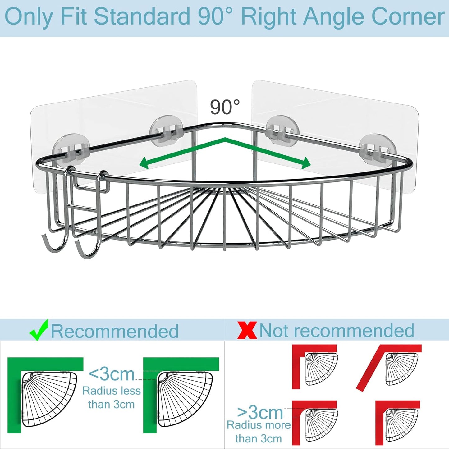 Jovware Corner Shower Caddy Shelf - Rust Proof Shelves with Bearing 30 lbs 8 Adhesive Suction Strip No Drilling 2 Hook - Large Sturdy Rack 2 Pack SUS304 Stainless Steel for Bathroom Kitchen Toilet