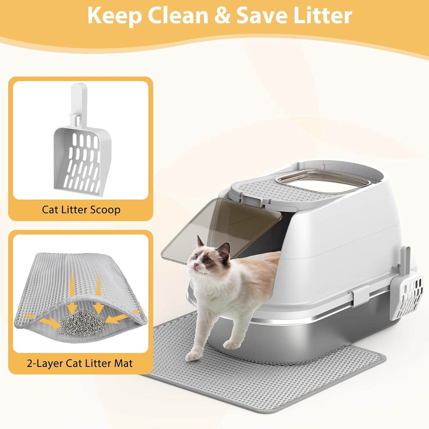 OGEMXU Stainless Steel Litter Box with Lid, Top Entry Covered Kitten Litter Box, Enclosed Litter Tray for Easy Cleaning & Odor Control, Includes Scoop and Litter Mat, Gray