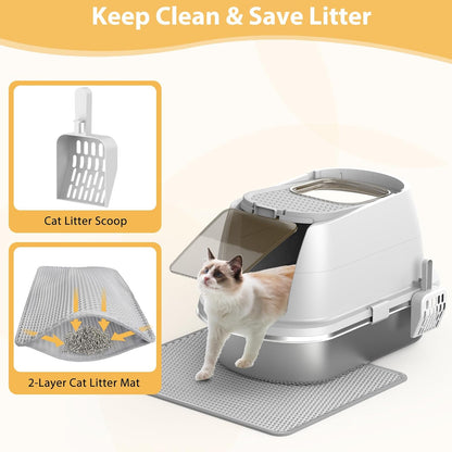 OGEMXU Stainless Steel Litter Box with Lid, Top Entry Covered Kitten Litter Box, Enclosed Litter Tray for Easy Cleaning & Odor Control, Includes Scoop and Litter Mat, Gray