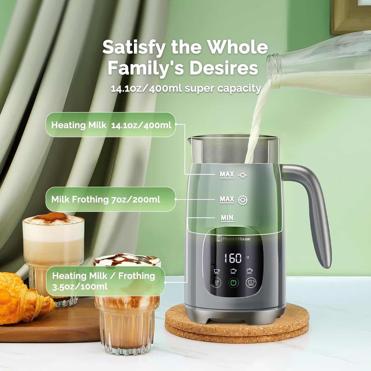 Maestri House Milk Frother, Variable Temp and Froth Thickness Milk Frother and Steamer, 14.1OZ/400ML Smart Touch Control Foam Maker, Memory Function for Latte, Warm Milk, Hot Chocolate,DualFro 400