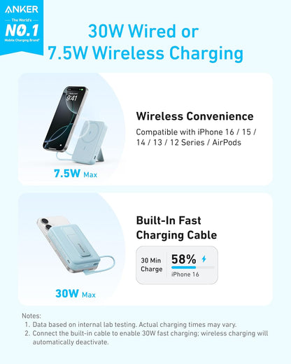 Anker Zolo Magnetic Power Bank, 10,000mAh Wireless Portable Charger with 30W Max Fast Charging, Battery Pack with Built-in USB-C Cable and Adjustable Stand, for iPhone 16/15 Series, AirPods, and More