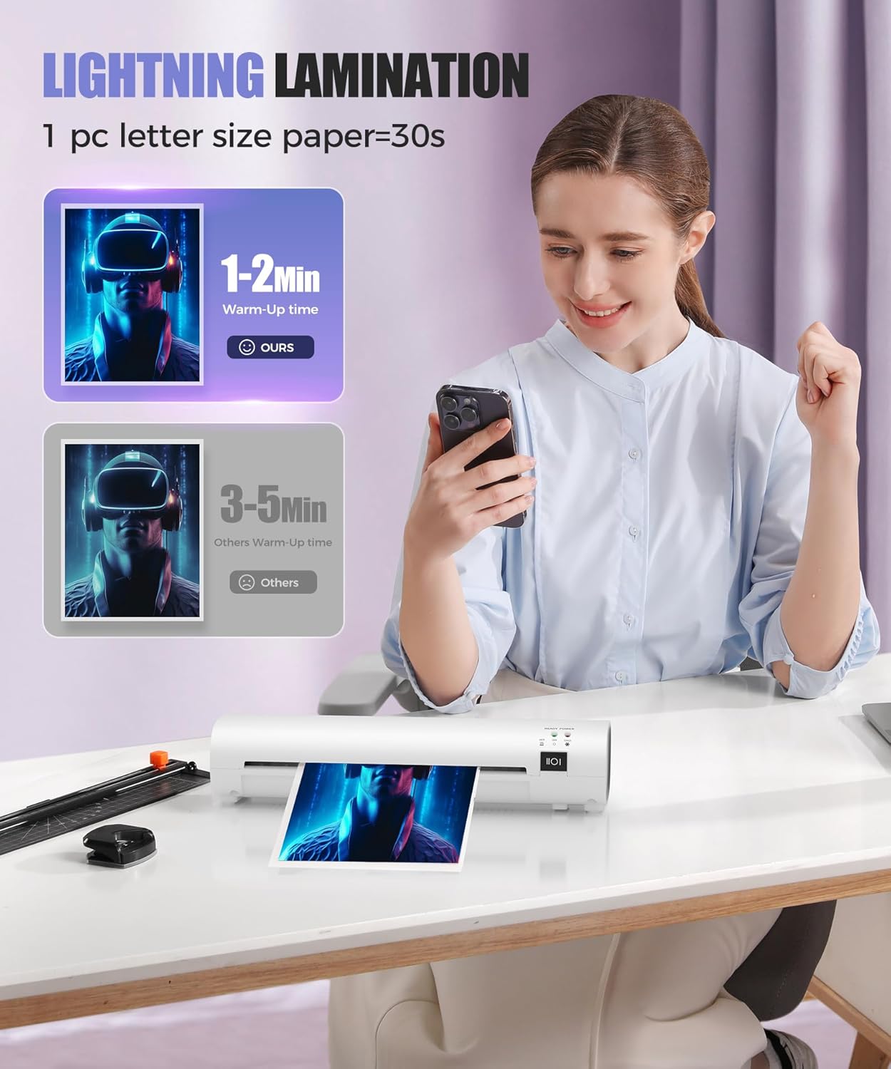 9 Inch Laminator Machine with Never Jam Technology, 40 Laminating Sheets, 4-in-1 A4 Thermal Laminator with Trimmer and Corner Rounder for Office, School, Business and Home Use - White