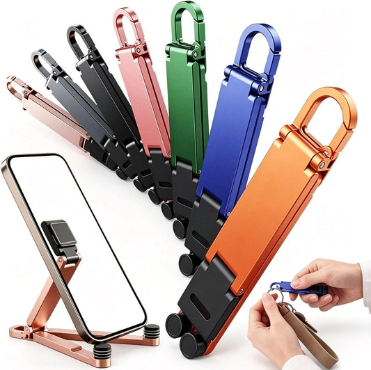 Portable Mini Aluminum Phone Stand, Ultra-Compact Foldable Holder，7PC Mixed Universal Phone Stand with Solid Alloy Body, Built-in Keychain Hook, Fully Adjustable Desktop Support Design for Most Phones