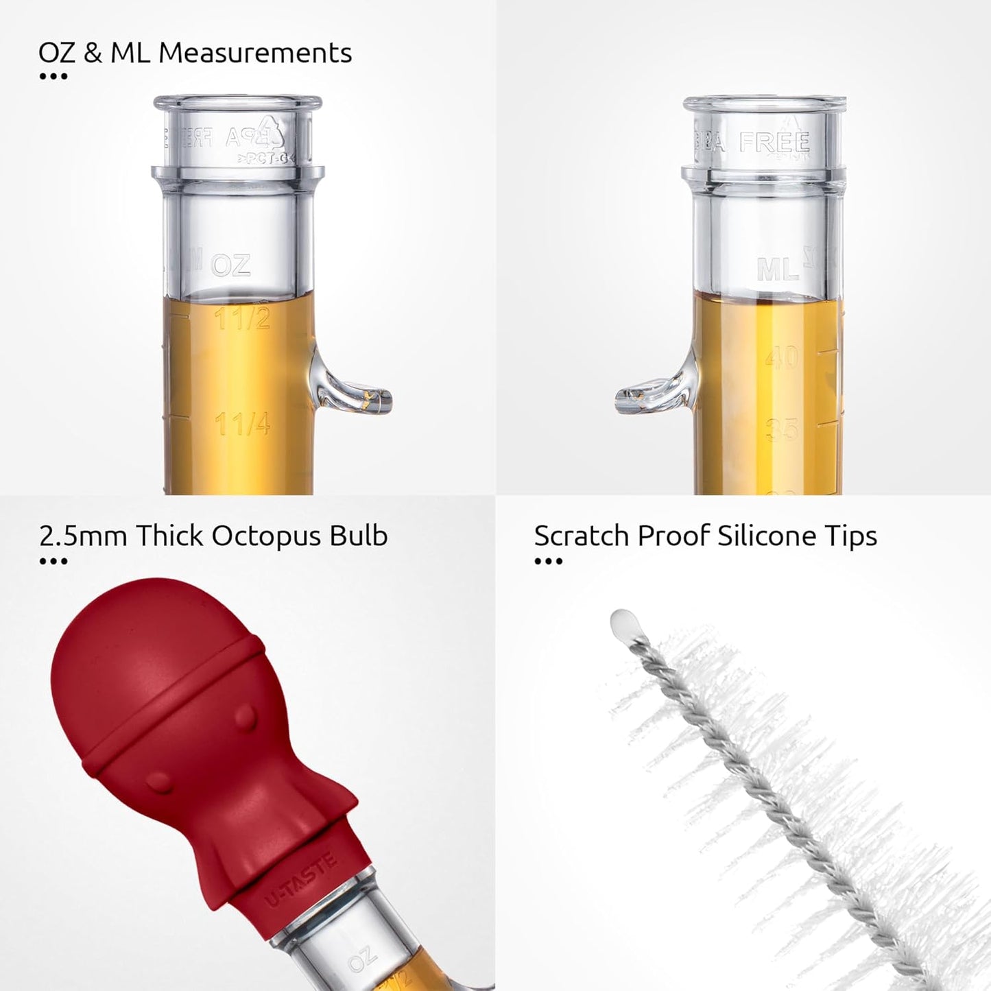 U-Taste 1.5oz Angled Turkey Baster - 228.2ºF Heat Resistant Food Grade Silicone Large Octopus Bulb Baster Set with Cleaning Brush for Cooking Basting Meat Poultry Beef Chicken (Black)