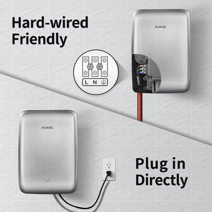 AIKE UL Approved Compact Jet Hand Dryer Hard-Wired Friendly, 1350W 120V Brushed Stainless Steel Model AK2803D