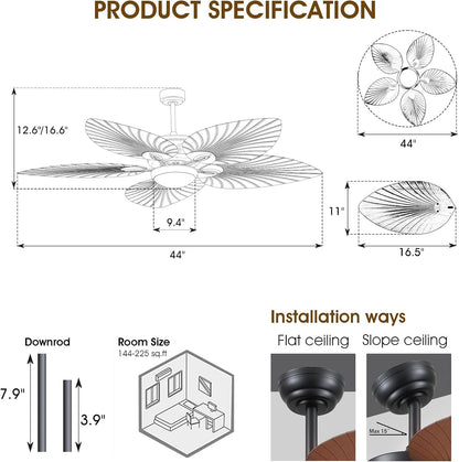 Wiviniya Ceiling Fans with Lights and Remote/APP Control, 44 Inch Tropical Palm Leaf Ceiling Fan with LED Lights, Outdoor Ceiling Fans for Patios Porch, Reversible Quiet Motor, Dimmable, Light Brown