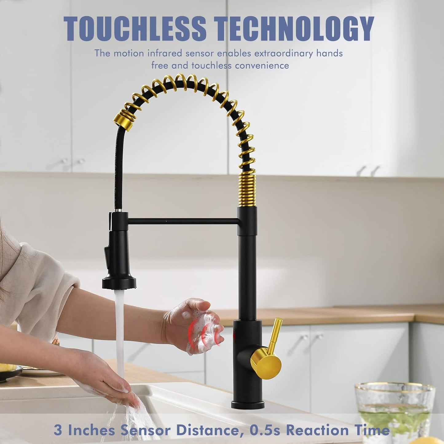 GIMILI Touchless Spring Kitchen Faucet with Pull Down Sprayer, Single Handle Motion Sensor Activated Hands-Free Kitchen Sink Faucet, Single Hole Smart Kitchen Faucet, Solid Brass, Matte Black