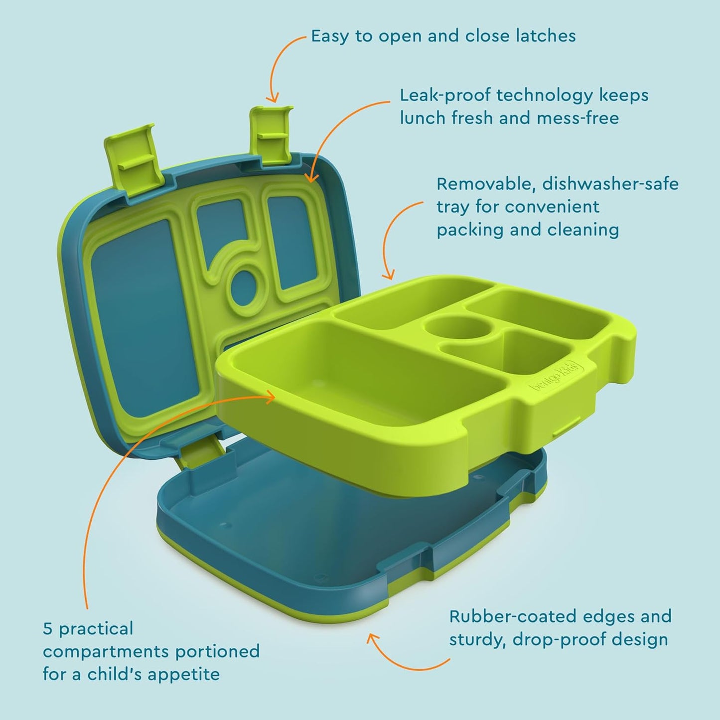 Bentgo Kids Prints Leak-Proof, 5-Compartment Bento-Style Kids Lunch Box - Ideal Portion Sizes for Ages 3-7, Durable, Drop-Proof, Dishwasher Safe, & Made with BPA-Free Materials (Green Rainbow)