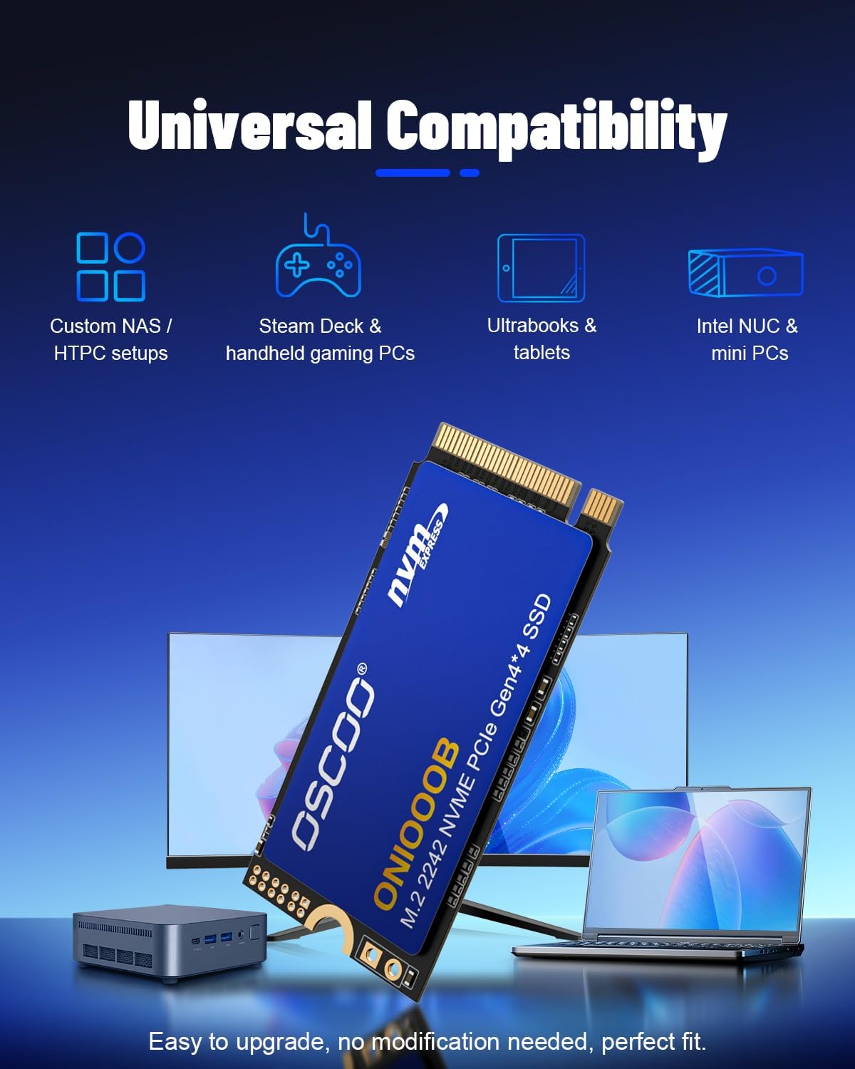 OSCOO 1TB NVMe SSD – M.2 2242 PCIe Gen4x4 Internal Solid State Drive, Up to 5400MB/s Read & 4900MB/s Write, 3D NAND, Compact High-Speed Storage for Ultrabooks, Mini PCs, Embedded Systems - ON1000B